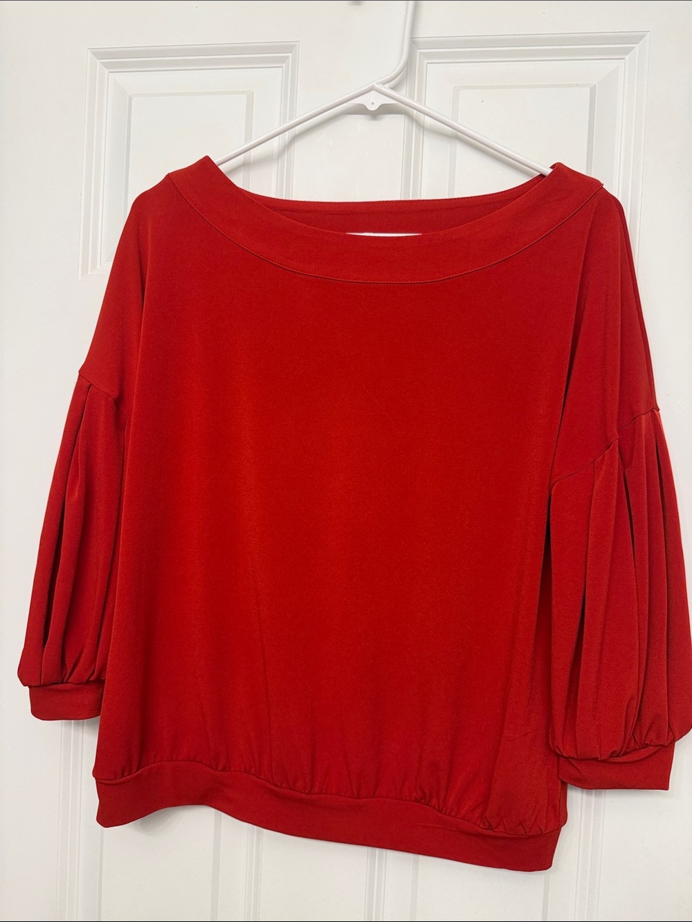 New York & Company Red Boatneck Pleat-Sleeve Sweatshirt